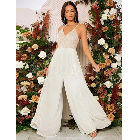 Sequin Detail Jumpsuit Cream + White Flare Wide Leg V-Neck Backless - Picture 5 of 9